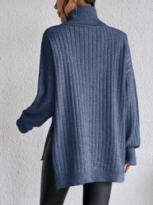 SHEIN Clasi Turtleneck Drop Shoulder Split Hem Knit Pullover Fall Winter Sweater - Blue - View 3
