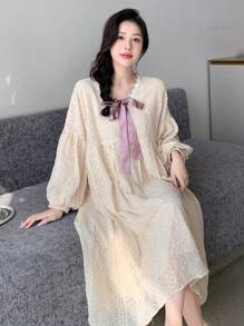 DAZY Chất rắn Cà vạt Tay áo Đèn lồng áo choàng Váy ngủ - Màu be - Xem 4