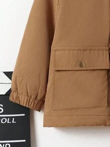 SHEIN Áo khoác trùm đầu ấm áp hình gấu bông phong cách đường phố giản dị cho bé trai có họa tiết chữ và viền trang trí bằng vải nhung - màu nâu - Xem 3
