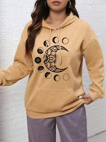 Flirla 加大码月亮印花袋鼠口袋落肩抽绳卫衣 - 黃色 - 查看 3