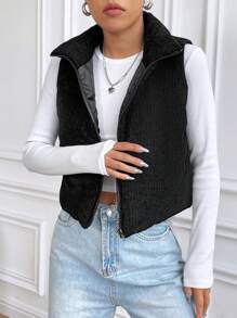 Flirla Zip Up Corduroy Winter Clothes Vest Padded Coat - Black - View 3