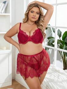 Plus Floral Lace Underwire Lingerie Set With Skirt