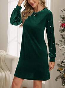 EMERY ROSE Pearls Beaded Lantern Sleeve Dress - Dark Green - View 4