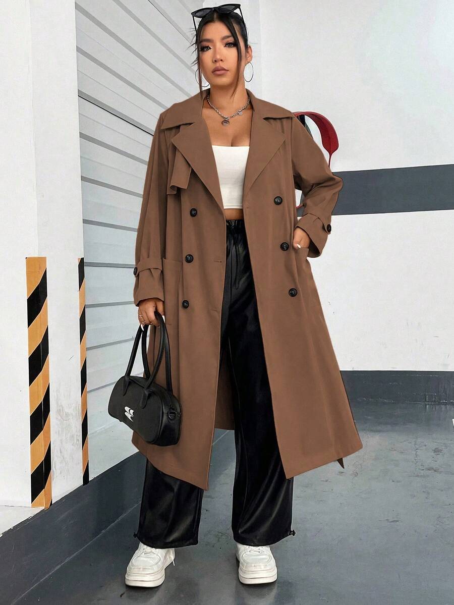 Flirla Hơn Cổ áo Đôi ngực Thắt lưng Áo khoác Trench - Cà phê nâu - Xem 1