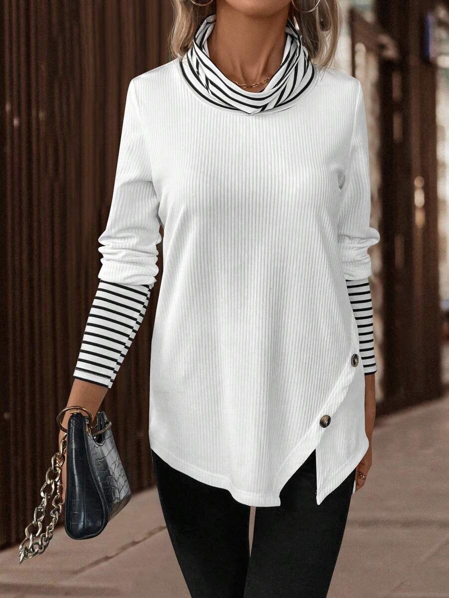 SHEIN LUNE 條紋印花堆堆領紐扣細節不對稱下擺T恤 - 白色 - 查看 1