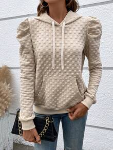 SHEIN Essnce Ống tay áo Dây rút Hoodie - Màu be - Xem 4