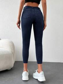 EURMUSE Plain Skinny Denim Trousers - Navy Blue - View 2