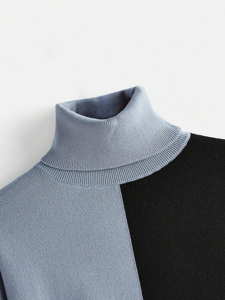 Two Tone Turtleneck Drop Shoulder Sweater