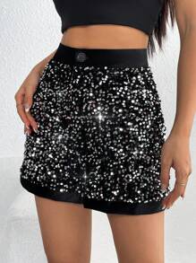 Allurite 高腰亮片短褲 - 黑色 - 查看 1