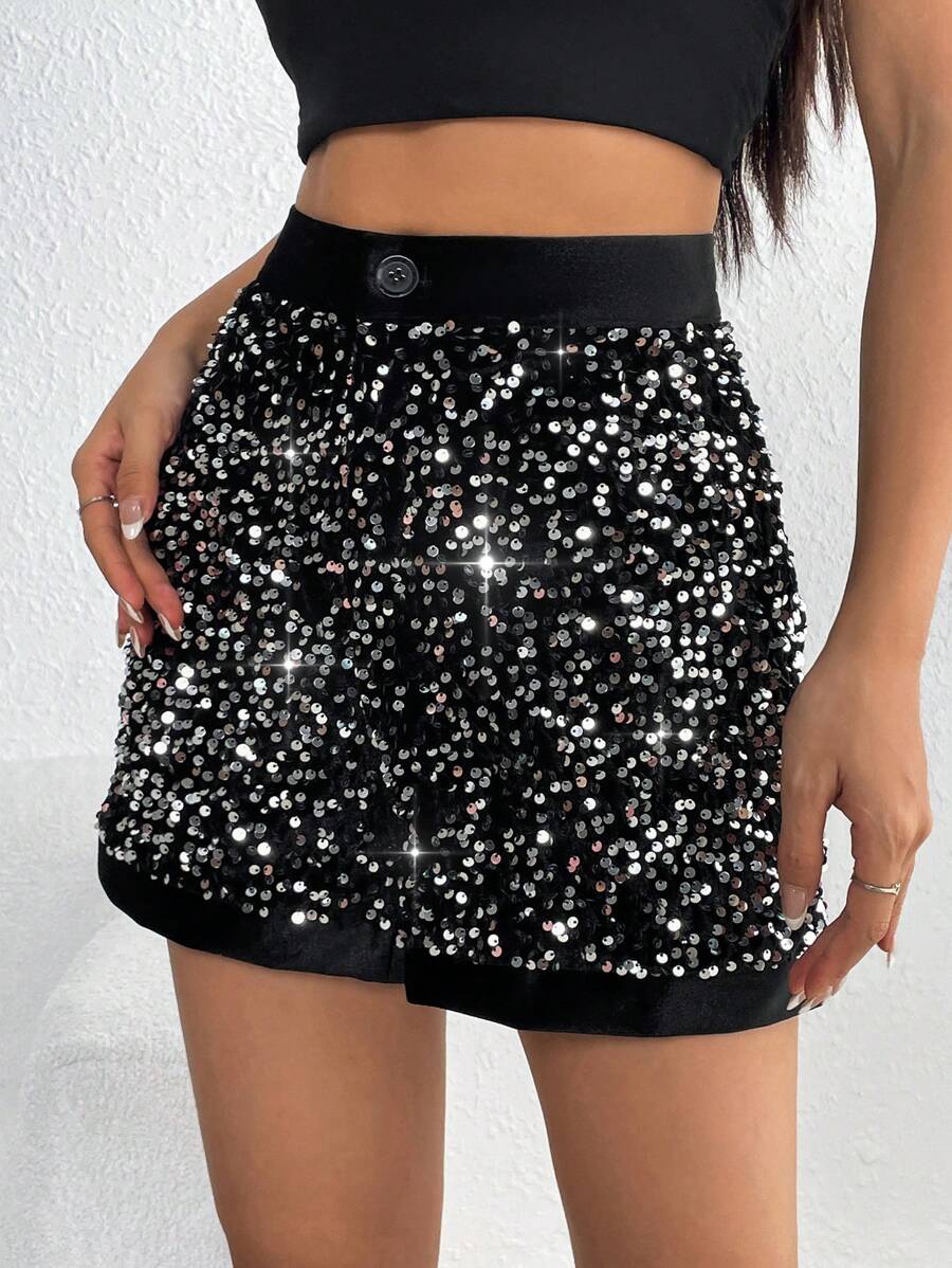 Allurite 高腰亮片短褲 - 黑色 - 查看 1