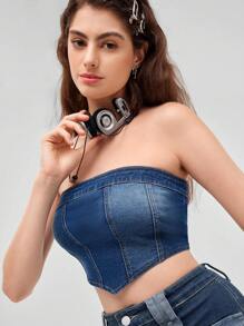 Forever 21 女式休閒修身短版牛仔抹胸上衣 - 藍色 - 查看 1