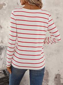 SHEIN LUNE Camiseta con estampado de rayas y leopardo con parche con bolsillo - Rojo y blanco - Ver 2