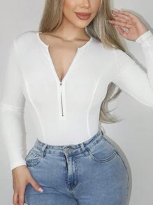 Zolique Half Zip Ribbed Knit Slim Fit Bodysuit