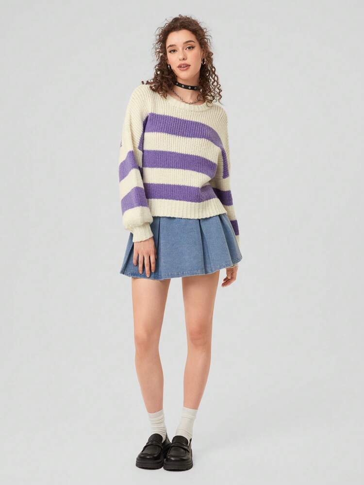 Women'S Regular Fit Long Sleeve Oversized Sweater, White Purple Striped