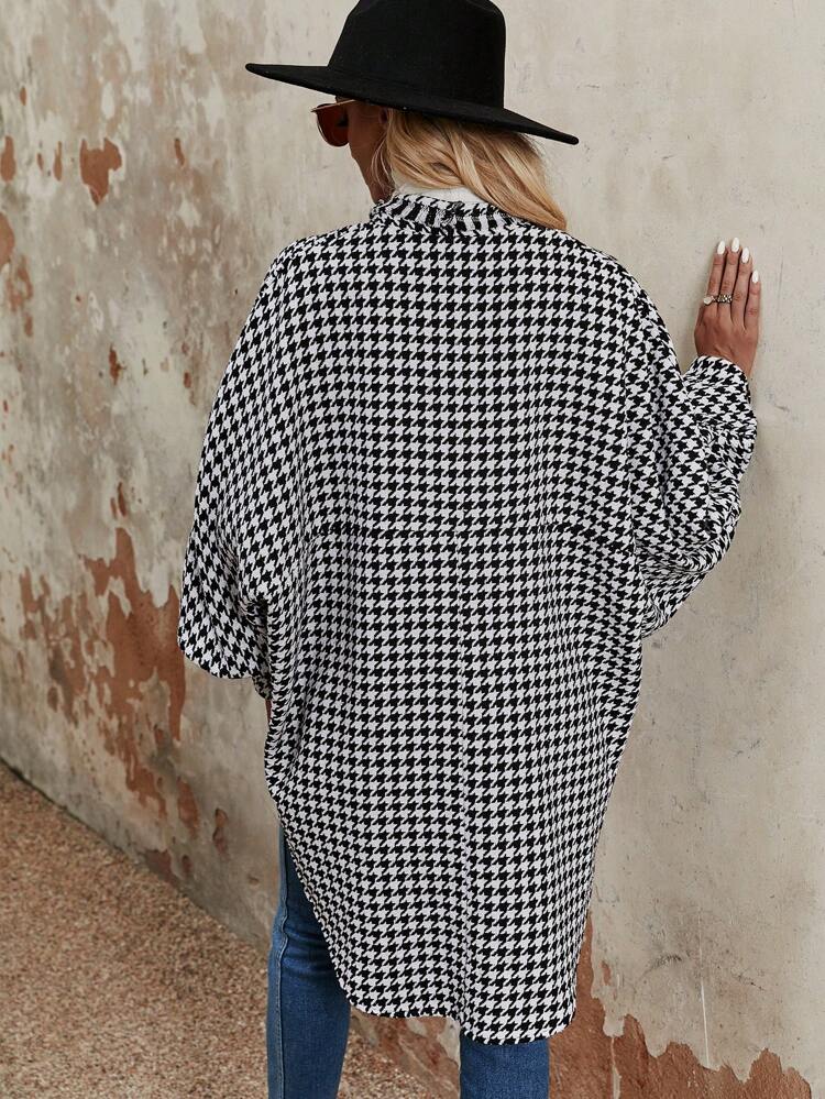 Houndstooth Batwing Sleeve Frayed Hem Jacket Fall Cloth For Women