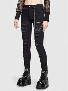 ROMWE Grunge Punk 女士純棉破洞牛仔褲,搭配鏈條裝飾 - 黑色 - 查看 4