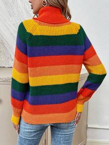 SHEIN LUNE 條紋圖案撞色高領插肩袖套頭毛衣 - 彩色 - 查看 2