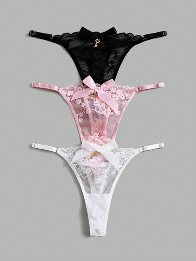 Kawaii 3 paquetes de tangas con decoración de lazo de encaje floral Himekaji, sexy