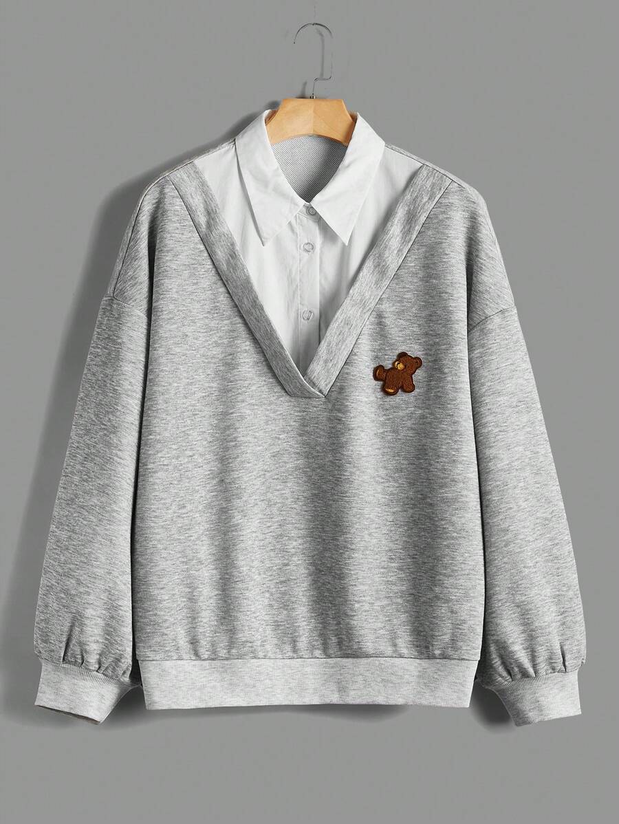 SHEIN EZwear Plus Bear Embroidery 2 In 1 Sweatshirt - Light Grey - View 1