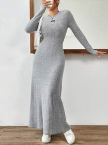 SHEIN EZwear Vestido con diseño de parche de letra tejido de canalé - Gris - Ver 6