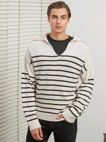 RueChic Men Striped Pattern Drop Shoulder Sweater - Black and White - View 5