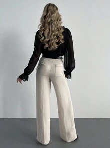 Firerie Flounce Sleeve Ruffle Trim Button Front Shirt,Long Sleeve Tops - Black - View 3