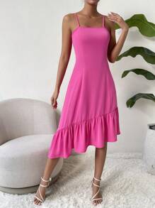 SHEIN Privé Solid Asymmetrical Ruffle Hem Cami Dress - Hot Pink - View 1