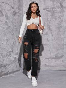 SHEIN EZwear 拉鏈門襟破洞媽媽牛仔褲 - 黑色 - 查看 3