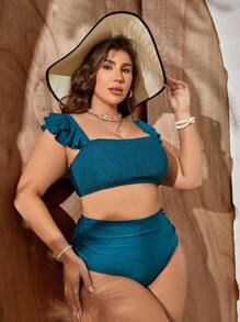 SHEIN Swim Curve Summer Beach Plus Smocked Ruffle Trim Bikini Set
