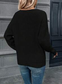 SHEIN LUNE Jersey unicolor de hombros caídos tejido de canalé - Negro - Ver 2