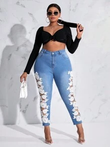 SHEIN SXY 大碼印花蕾絲拼接緊身牛仔褲