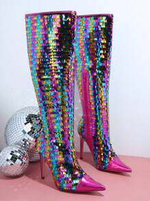 SHUZIA Rectangular Sequin Decor Pointed Toe Women Knee-High Boots