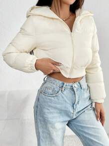 SHEIN PETITE Casual Solid Color Hooded Cropped Winter Jacket - Beige - View 7