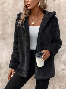 SHEIN LUNE 素色開門襟連帽搖粒絨外套 - 黑色 - 查看 1