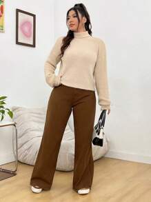 SHEIN Unity Plus Size High Neck Sweater With Letter Patchwork And Dropped Shoulders - Khaki - View 3