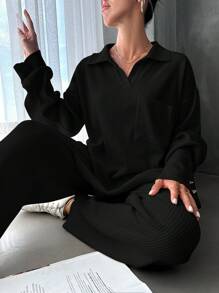 EURMUSE 2pcs/set Drop Shoulder Front Pocket Sweater And Knitted Pants - Black - View 5