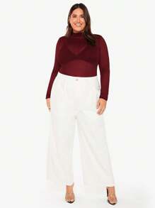 SHEIN BAE Plus Size Solid Mock Neck Mesh Top Without Bra - Burgundy - View 3
