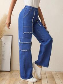 SHEIN LUNE Flap Pocket Side Cargo Jeans - Dark Wash - View 3