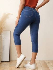 SHEIN LUNE 高腰破洞七分緊身牛仔褲 - 深色水洗藍 - 查看 2