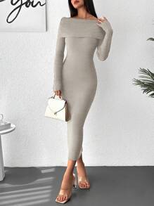Cloudara Foldover Off Shoulder Sweater Dress - Beige - View 5