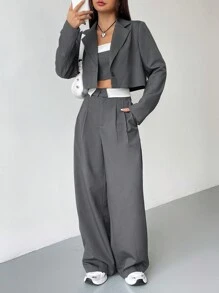 SHEIN EZwear 秋冬季翻领短款西装外套搭配阔腿西装裤和抹胸上衣 - 深灰色 - 查看 4