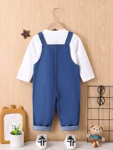 SHEIN Baby Boy Solid Tee & Cartoon & Letter Graphic Overall Jumpsuit - Multicolor - View 2