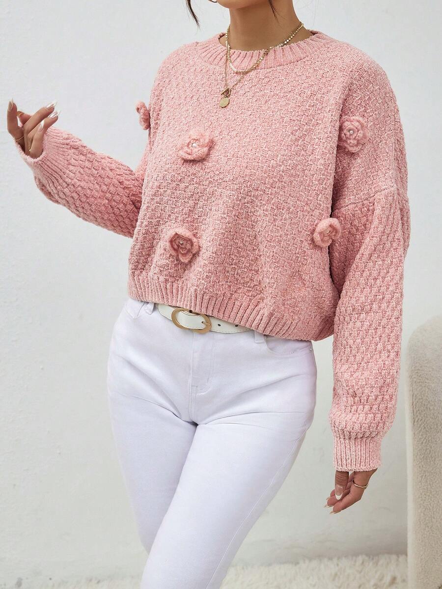 SHEIN Essnce Pearls Beaded Stereo Flower Drop Shoulder Sweater - Pink - View 1