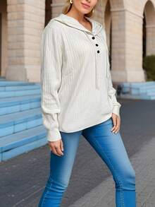 Calvaya 大碼半排扣抽繩連帽套頭毛衣 - 米色 - 查看 3