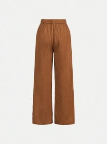 SHEIN Girlism Quần ống đứng dệt rộng rãi thoải mái cho bé gái tuổi teen có túi phía trước - màu nâu - Xem 2