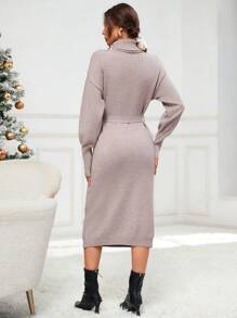GENKIRA Turtleneck Drop Shoulder Belted Sweater Dress - Khaki - View 2