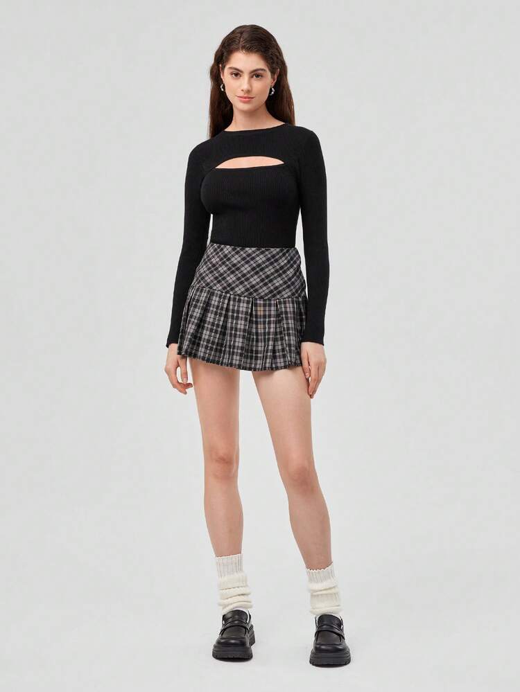 Solid Cut Out Front Ribbed Knit Sweater