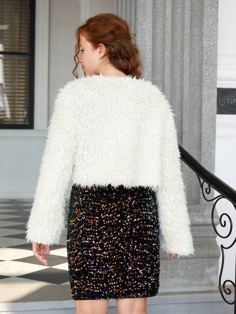 Teen Girl Open Front Fuzzy Coat & Sequin Cami Dress