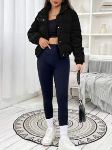 SHEIN EZwear Zip Up Snap Button Corduroy Padded Coat In Fall/Winter - Black - View 4