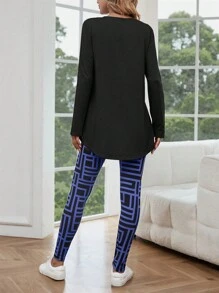 SHEIN LUNE Solid Tee & Geo Print Leggings - Navy Blue - View 3